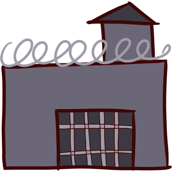 image of a gray prison with a watchtower and barbed wire
